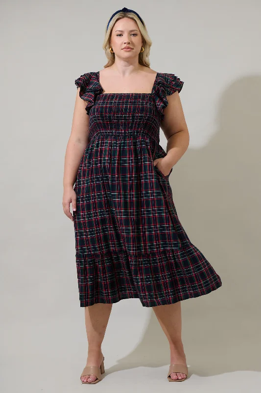 Midi Dresses for Fashionable Women-Chapman Plaid Girona Smocked Ruffle Midi Dress Curve