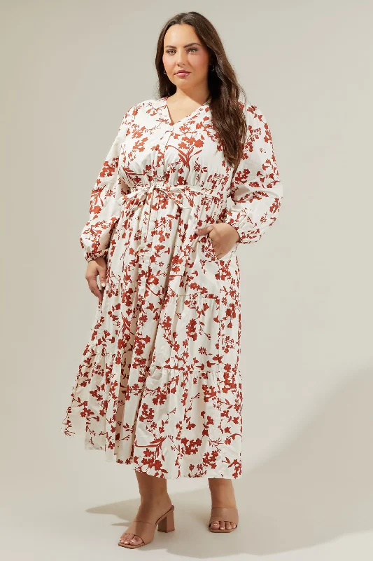 Midi Dresses with Lace-up Details-Garnet Floral Midi Dress Curve