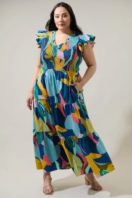 Midi Dresses for Day Wear in Summer-Gia Abstract Sunfire Smocked Bodice Tiered Midi Dress Curve