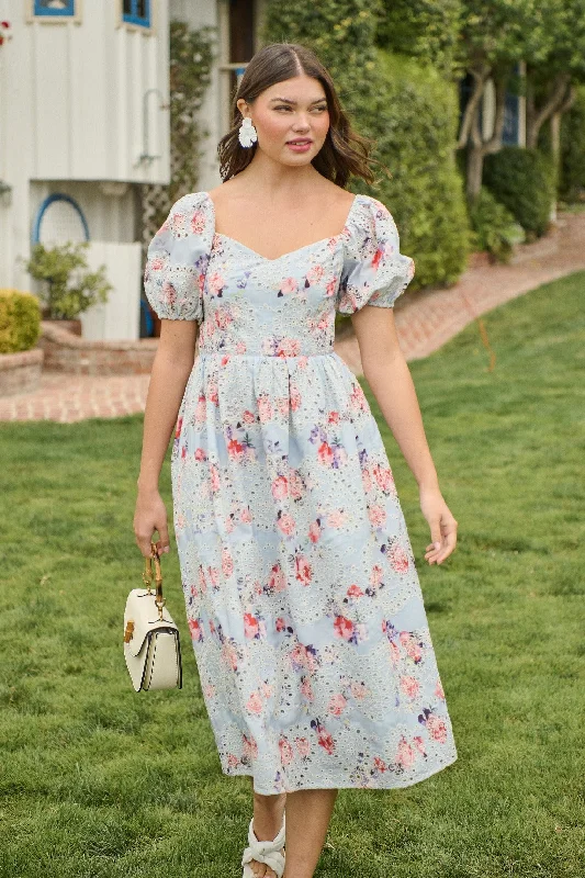 Midi Dresses for Spring Evening Wear-Josie Eyelet Floral Alessi Puff Sleeve Midi Dress