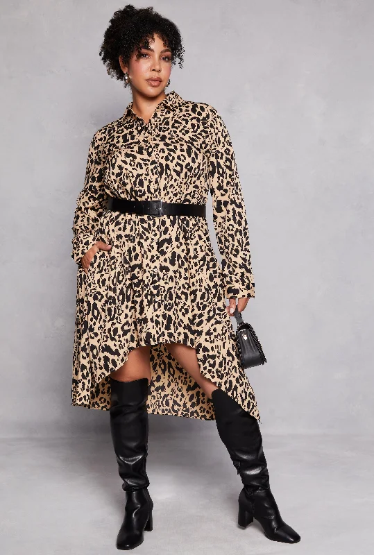 Midi Dresses with A-line Silhouette-Plus Size Animal Print Button Front Shirt Dress