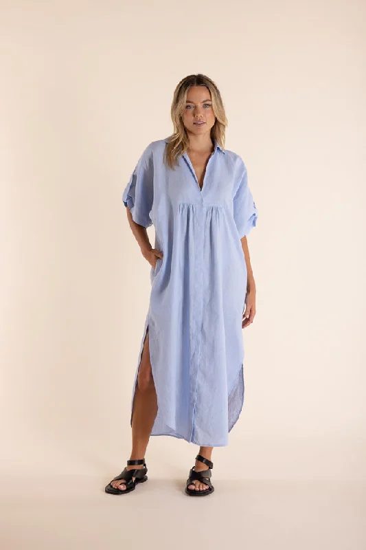 Midi Dresses for Trendy Weekend Wear-Linen Midi Dress - Sky