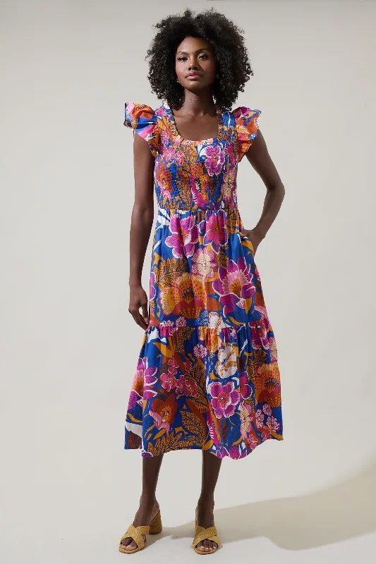 Midi Dresses with A-line Silhouette-Eveline Floral Giza Glare Smock Tiered Midi Dress