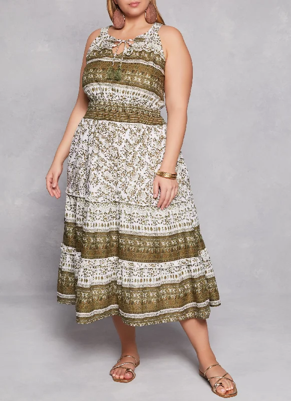 Midi Dresses for Family Photoshoots-Plus Size Boho Border Print Smocked Waist Tiered Dress