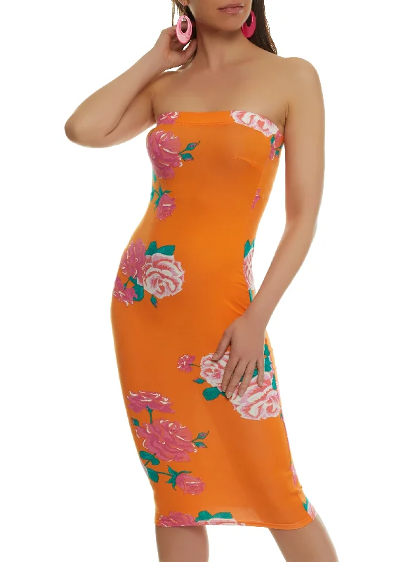 Midi Dresses with Artistic Patterns-Floral Print Tube Bodycon Dress