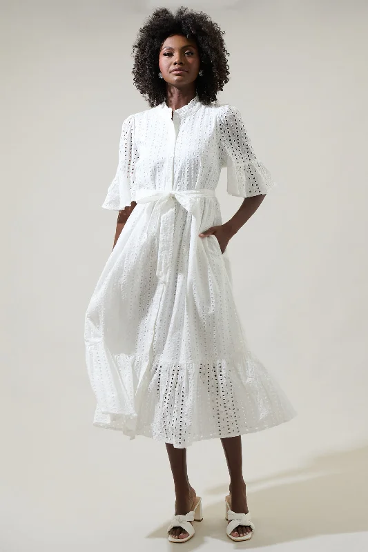 Midi Dresses for Spring and Summer Gatherings-Kaylie Eyelet Pem Button Down Midi Dress