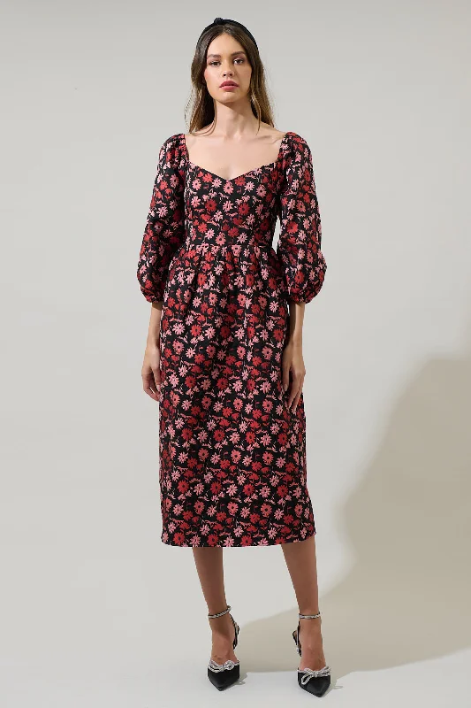 Midi Dresses for Boho Weddings-Fredonia Floral Dila Jacquard Midi Dress