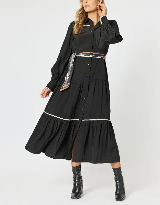 Midi Dresses with Soft Silhouettes-Roma Trim Dress - Black