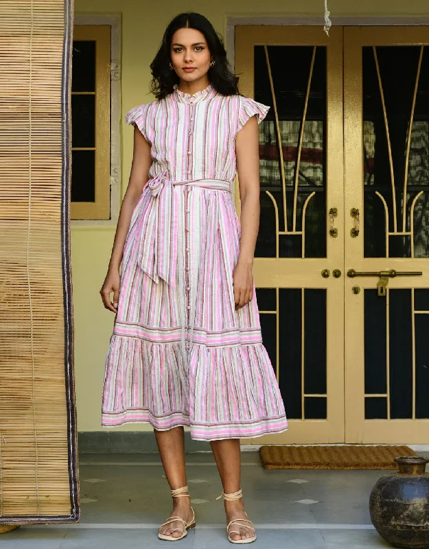 Midi Dresses for Daytime Weddings in Summer-Kos Midi Dress - Pink Stripe