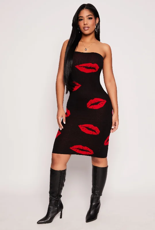 Midi Dresses for Summer Garden Gatherings-Lip Print Midi Tube Dress