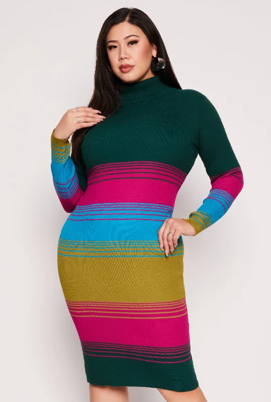 Midi Dresses for Stylish Spring Outfits-Plus Size Almost Famous Color Blocked Striped Sweater Dress