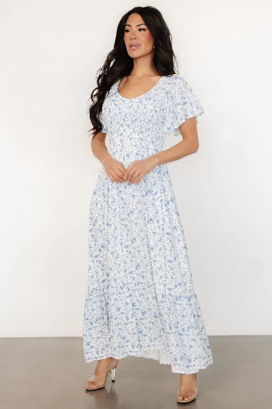 Midi Dresses for Trendy Day Gatherings-Joanie Smocked Dress | White + Blue Floral