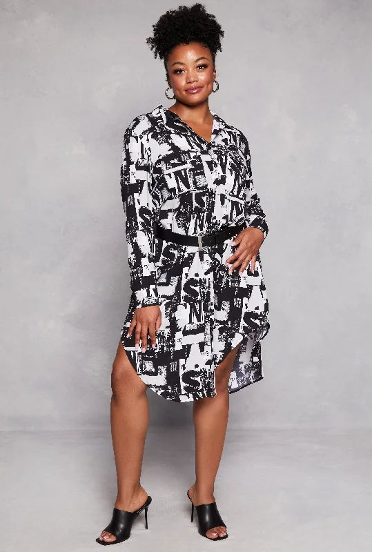 Midi Dresses for Family Gatherings-Plus Size Abstract Printed Button Front Shirt Dress