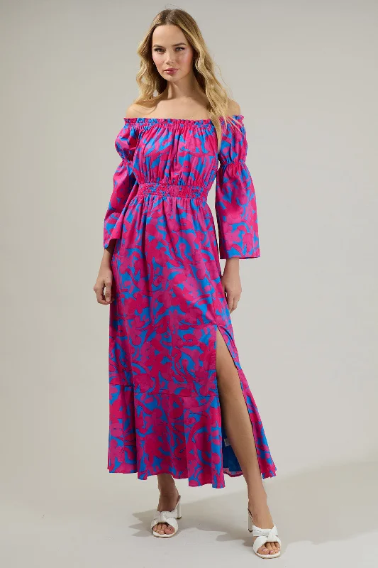 Midi Dresses with Flowing Silhouettes-Yeraldi Berry Tropics Off the Shoulder Bell Sleeve Midi Dress