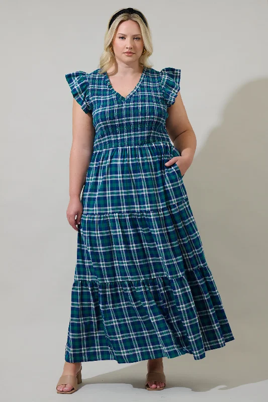 Midi Dresses for Weddings-Buckley Plaid Sunfire Smocked Bodice Tiered Midi Dress Curve