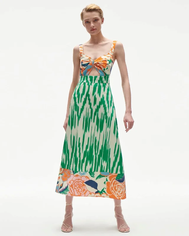 Midi Dresses with Textured Fabrics for Office Wear-Annette Dress Ikat Rose Jungle Green