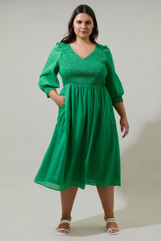 Midi Dresses for Winter Family Gatherings-Zelda Smocked Long Sleeve Cotton Voile Midi Dress Curve