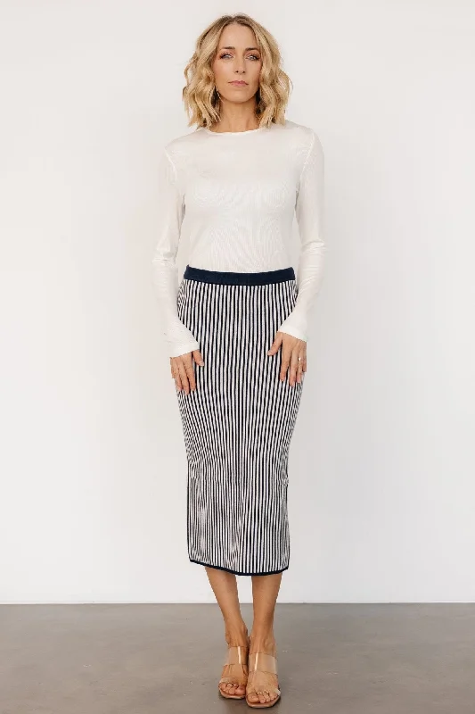 Midi Dresses for Trendy Fall Day Trips-Alonso Knit Midi Skirt | Navy Stripe