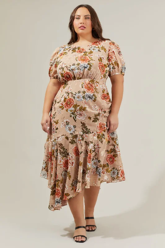 Midi Dresses for Fall Cocktail Parties-Harbin Floral Balboa Asymmetrical Midi Dress Curve