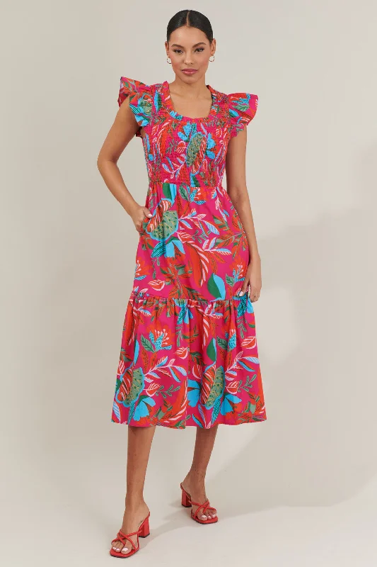 Midi Dresses for Casual Spring Gatherings-Cactus Blossom Giza Glare Smock Tiered Midi Dress