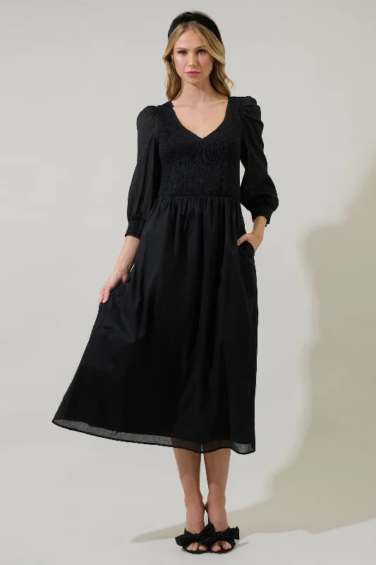 Midi Dresses for Formal Family Gatherings-Zelda Smocked Long Sleeve Cotton Voile Midi Dress