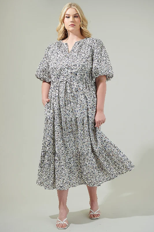 Midi Dresses for Christmas Gatherings-Heath Floral Balloon Sleeve Tiered Midi Dress Curve