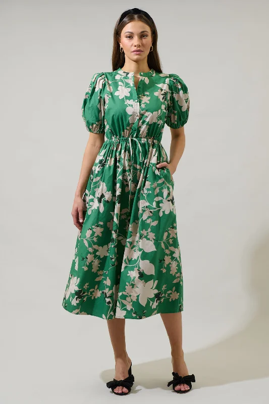 Midi Dresses for Casual Office Wear-Nora Floral Terri Button Down Midi Dress