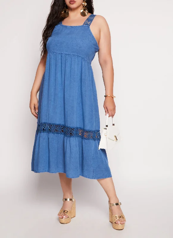 Midi Dresses for Elegant Winter Weddings-Plus Size Acid Wash Daisy Crochet Detail Dress