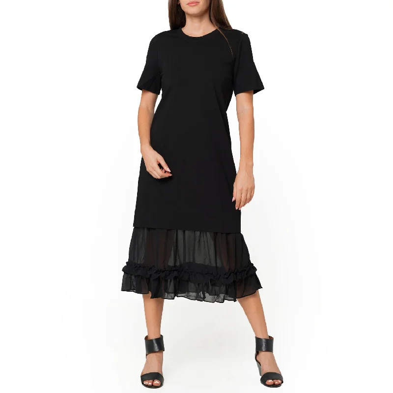 Midi Dresses for Wedding Party Wear-Sheer Contrast Ruffle Hem Midi Dress In Black