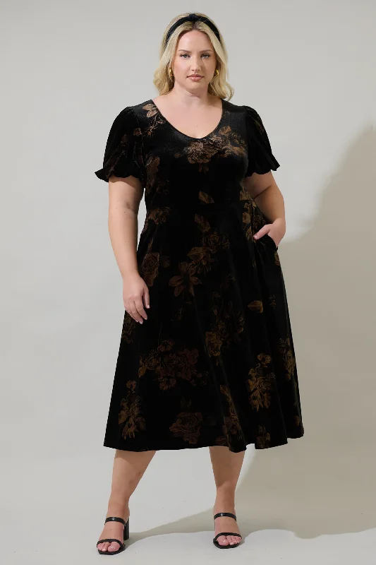 Midi Dresses for Spring Outdoor Wear-Ace Floral Abrina Velvet Midi Dress Curve