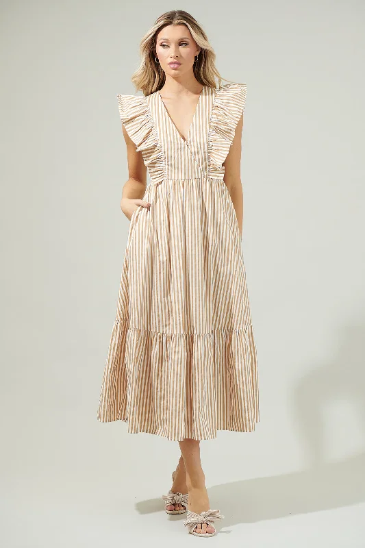 Midi Dresses for Casual Wear in Spring-Luna Striped Fairness Taupe Poplin Surplice Midi Dress