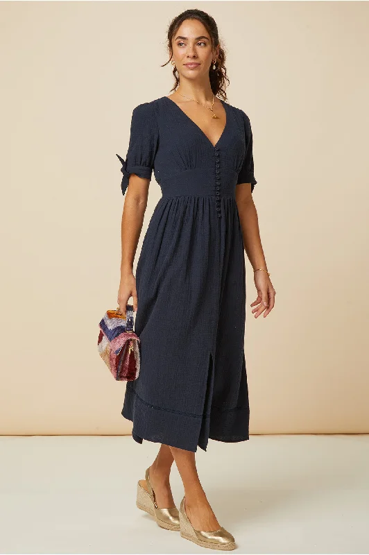 Midi Dresses for Fashionable Office Wear-Olga Cheesecloth Dress | Navy