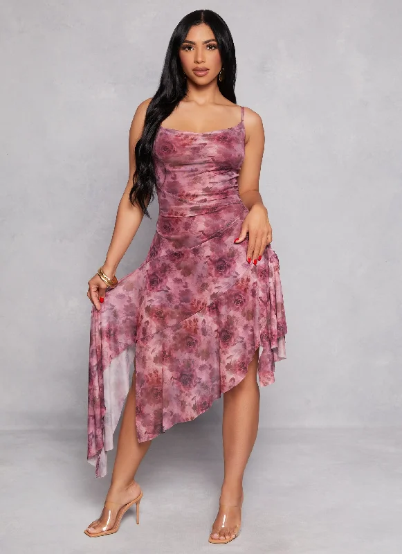 Midi Dresses for Special Family Gatherings-Almost Famous Printed Mesh Asymmetrical Dress