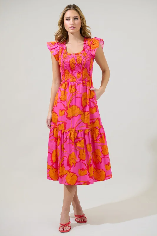 Midi Dresses for Daytime Weddings in Summer-Passion Punch Giza Glare Smock Tiered Midi Dress