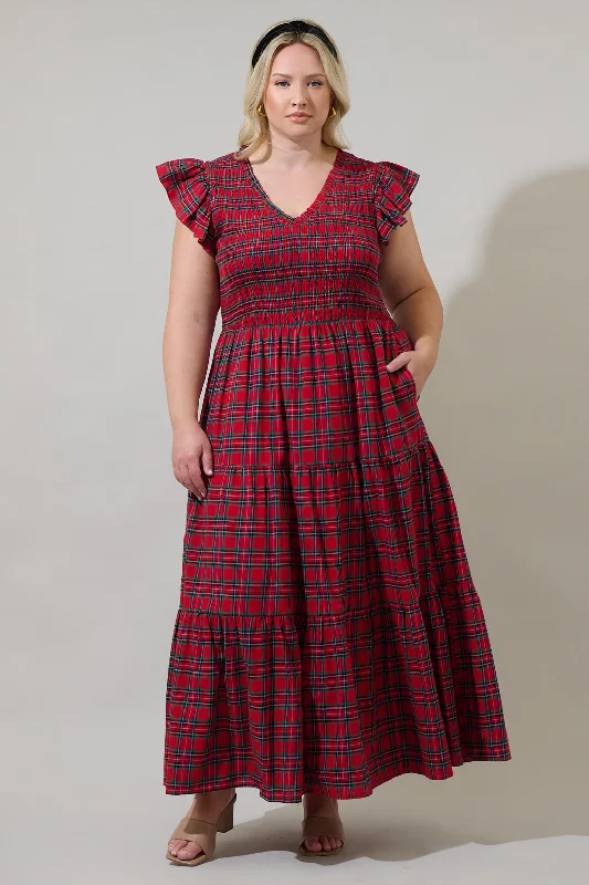 Midi Dresses for Formal Evening Parties-Arvada Plaid Sunfire Smocked Bodice Tiered Midi Dress Curve