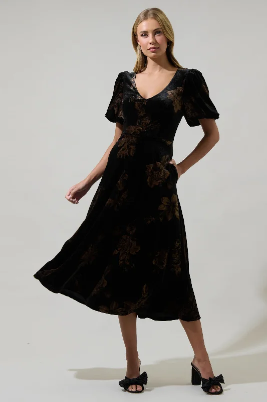 Midi Dresses for Summer Wedding Gatherings-Ace Floral Abrina Velvet Midi Dress