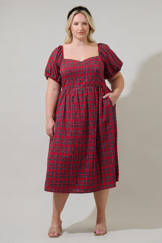 Midi Dresses for Spring Gatherings in Winter-Arvada Plaid Alessi Puff Sleeve Midi Dress Curve