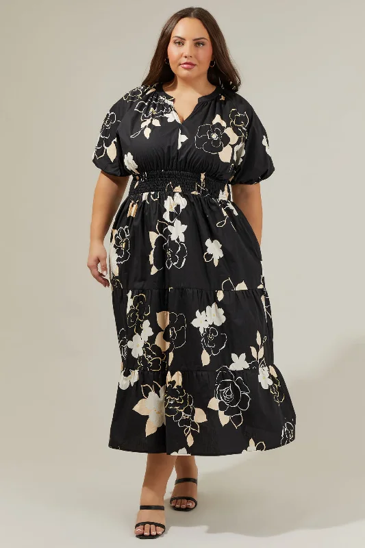 Midi Dresses for Spring Picnic Gatherings-Cairan Rose Hacienda Puff Sleeve Midi Dress Curve