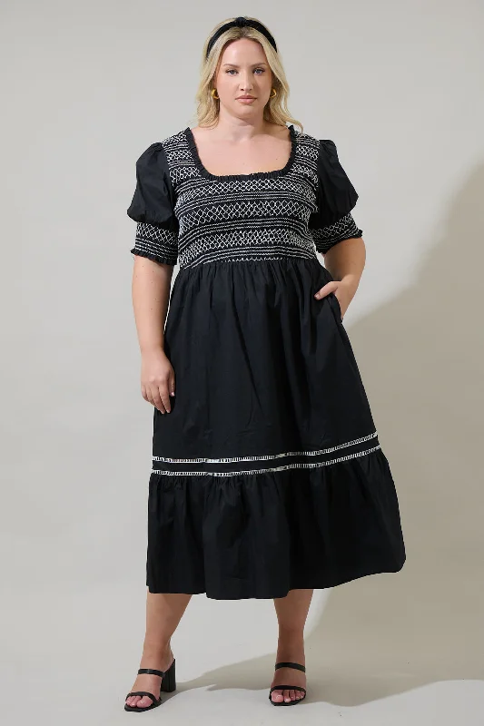 Midi Dresses for Stylish Office Gatherings-Carlene Smocked Stitch Midi Dress Curve