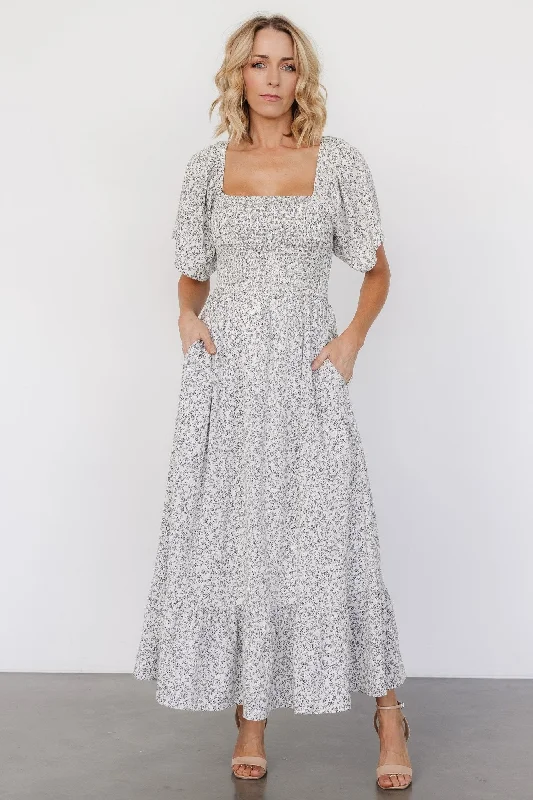 Midi Dresses for Elegant Spring Gatherings-Cassis Smocked Midi Dress | Ivory + Black Floral