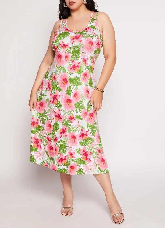 Midi Dresses for Casual Weekend Wear-Plus Size Floral Print Double Strap Tank Dress