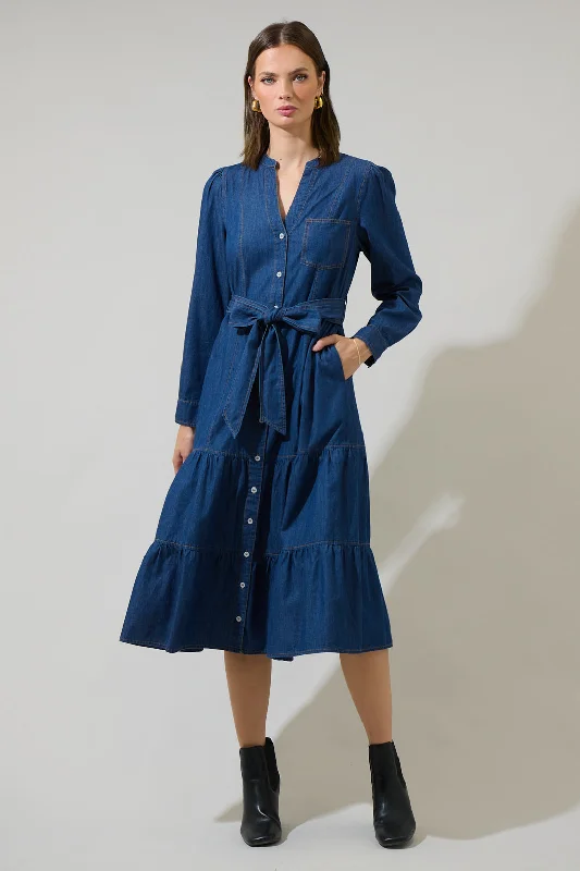 Midi Dresses for Garden Weddings in Spring-Skylah Denim Tiered Midi Dress