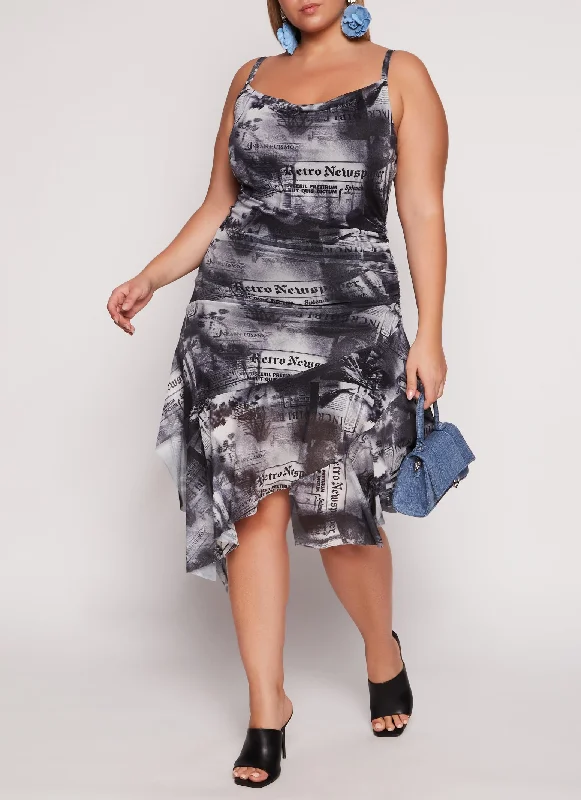 Midi Dresses with V-neck-Plus Size Almost Famous Mesh Asymmetrical Ruffled Dress