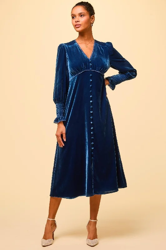 Midi Dresses for Day-to-Night Wear-Long Sleeve Velvet Sally Anne | Blue Sapphire