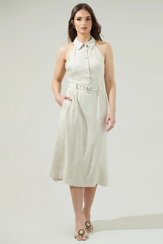 Midi Dresses for Stylish Office Gatherings-Rina Linen Halter Midi Dress