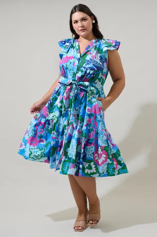 Midi Dresses with Elegant Cutout Details-Lavera Floral Charlotte Button Midi Dress Curve