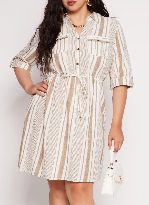 Midi Dresses for Relaxed Day Wear-Plus Size Lurex Striped Linen Shirt Dress