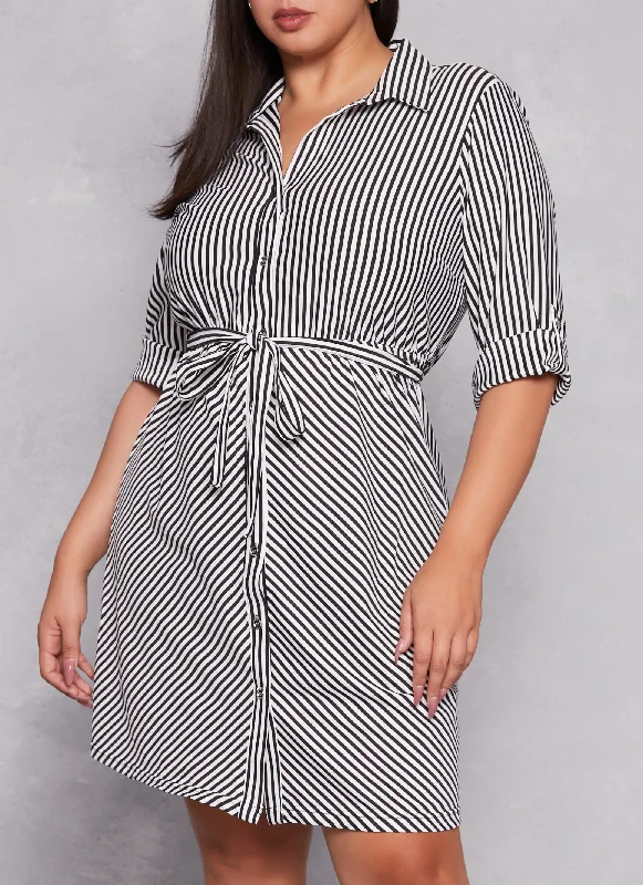 Midi Dresses for Summer Weddings-Plus Size Striped Button Front Tabbed Sleeve Shirt Dress