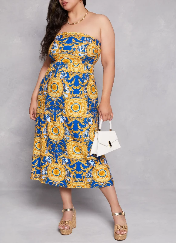 Midi Dresses with Tie Front-Plus Size Baroque Greek Key Print Sundress