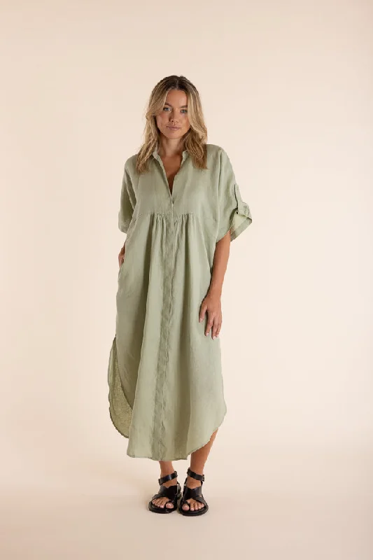 Midi Dresses with Front Slit-Linen Midi Dress - Avocado